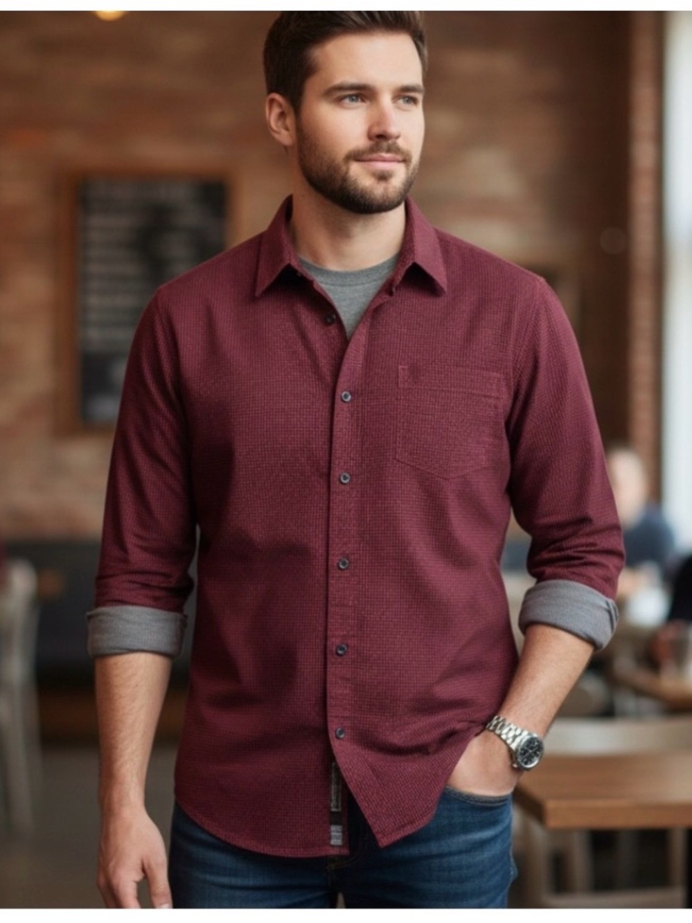 Colin's Mens Shirt L Slim Red & Black Micro Plaid Long Sleeve Collar Button Up